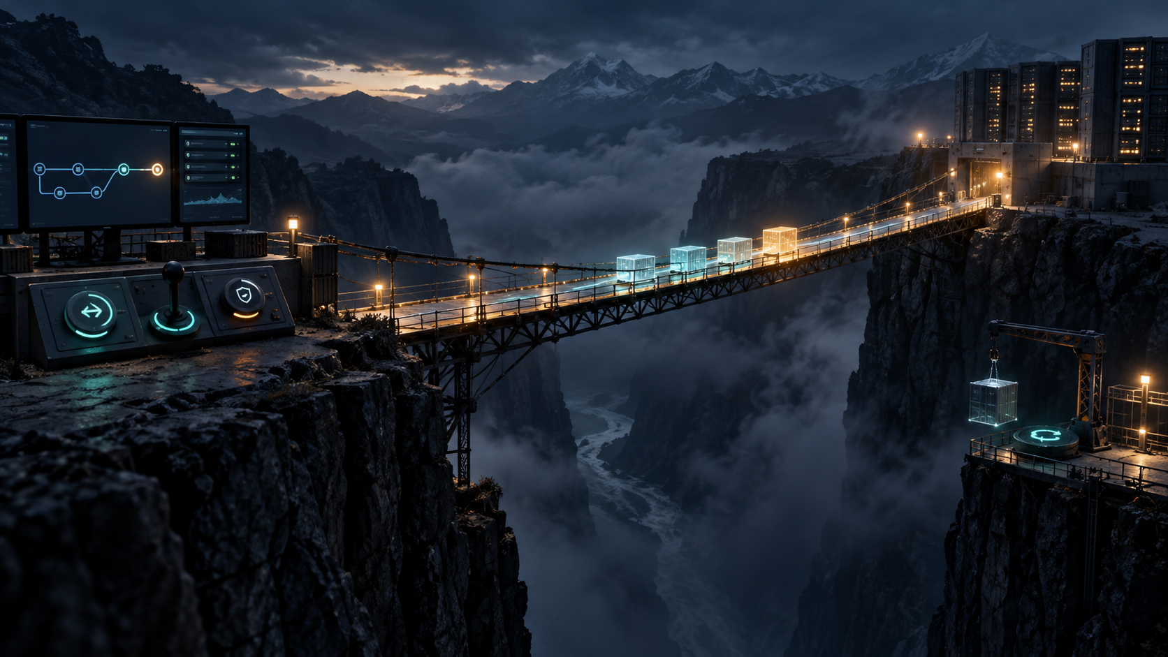 A fragile release path crossing a narrow bridge with recovery controls nearby